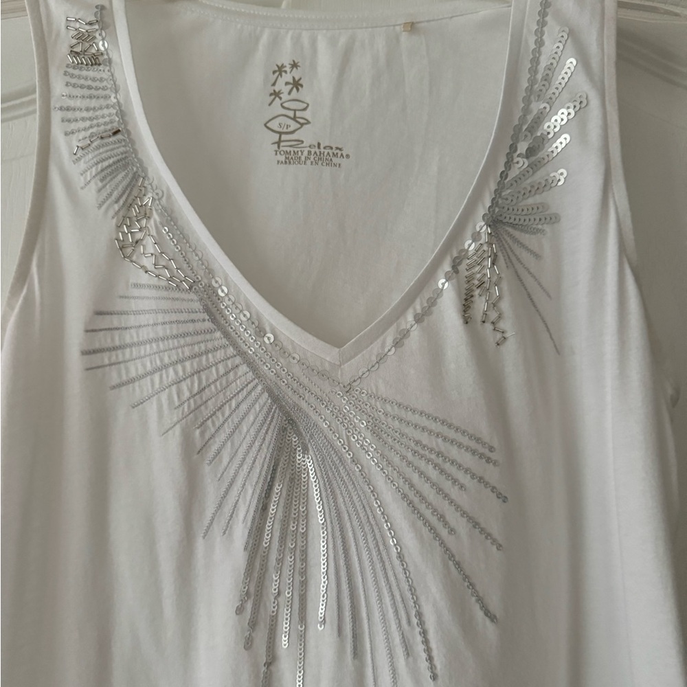Tommy Bahama White Silver Sequin Embellished Sleeveless Tank Top Small - Picture 1 of 4